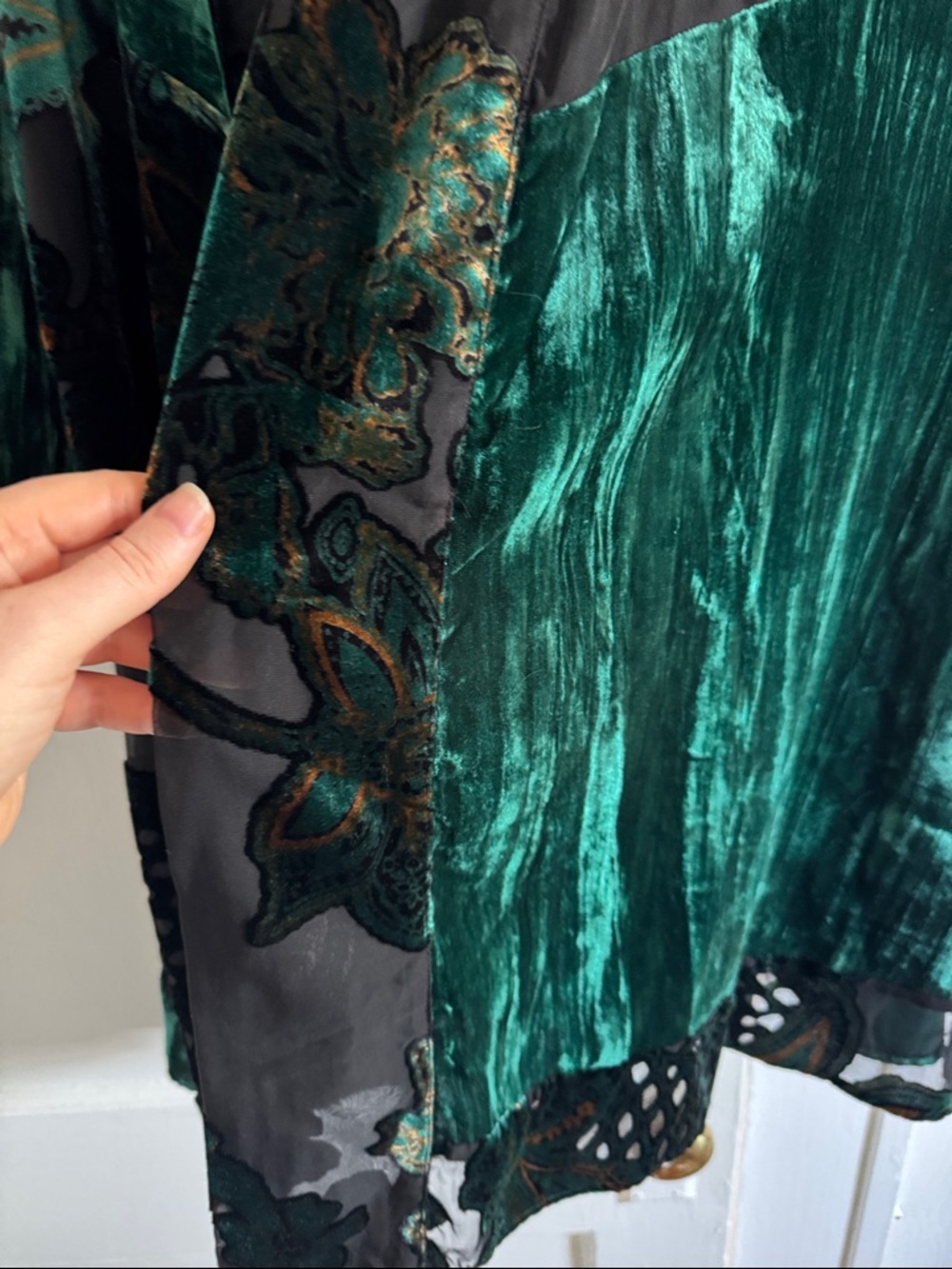 Chicos Velvet Floral Kimono Robe - Emerald Green - Picture 3 of 5